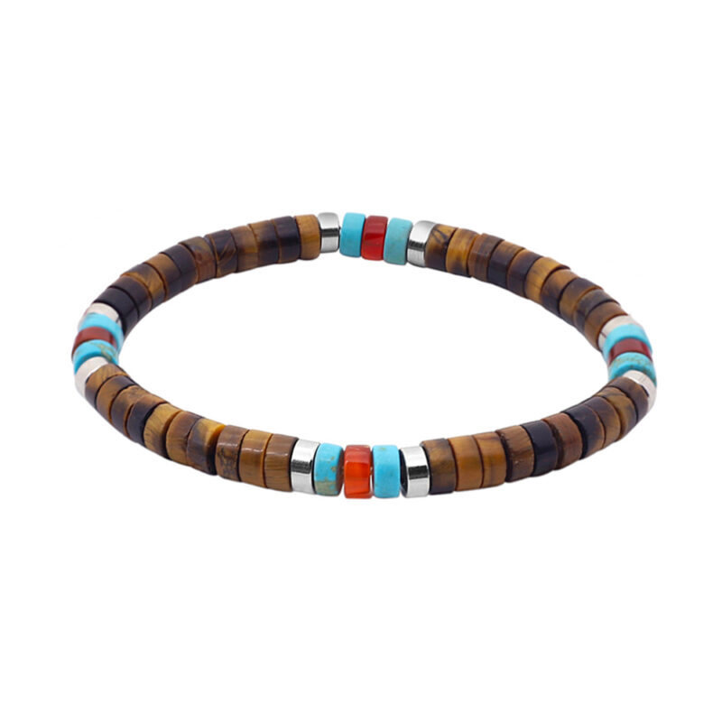 Bracelet perles heishi œil de tigre agate rouge et turquoise