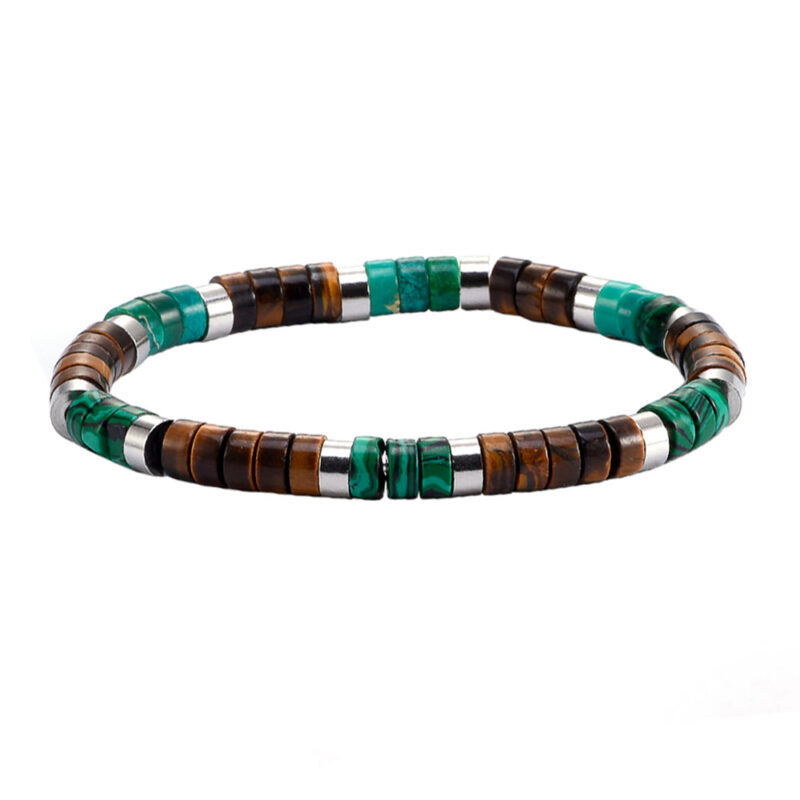 Bracelet perles heishi œil de tigre et malachite
