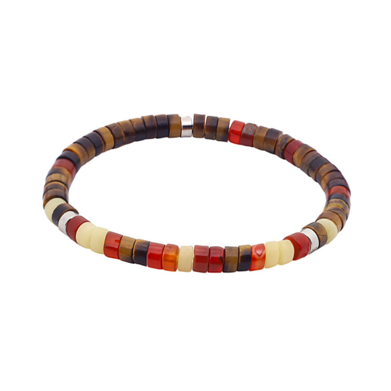Bracelet perles heishi œil de tigre jaspe jaune clair agate rouge