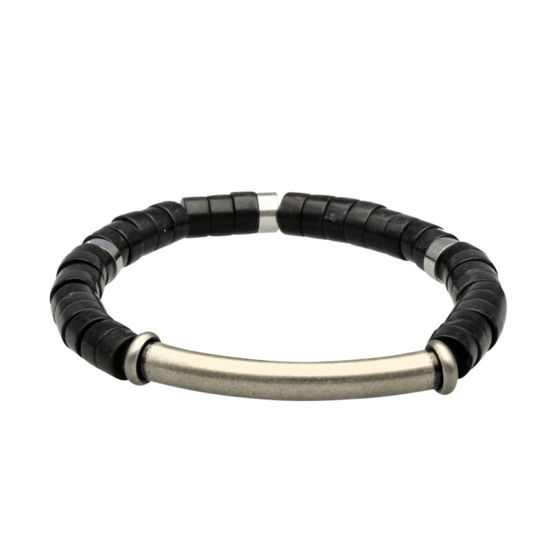 Bracelet perles heishi pierres naturelles agate noire barre acier