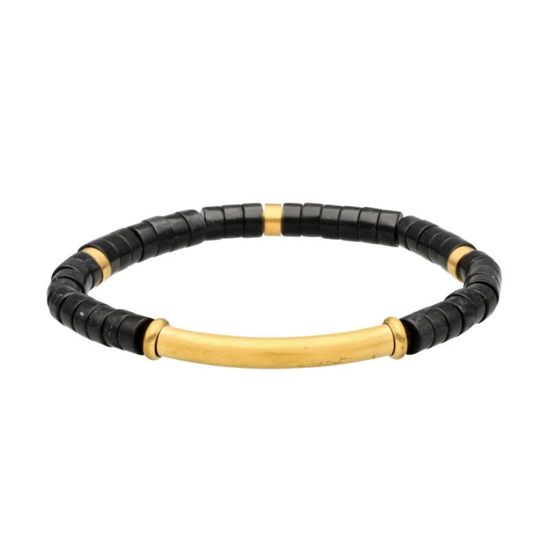 Bracelet perles heishi pierres naturelles agate noire barre acier doré