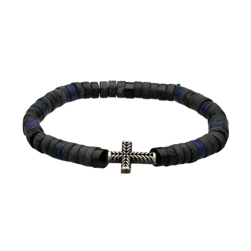 Bracelet perles heishi pierres naturelles agate noire et lapis lazuli croix acier antique