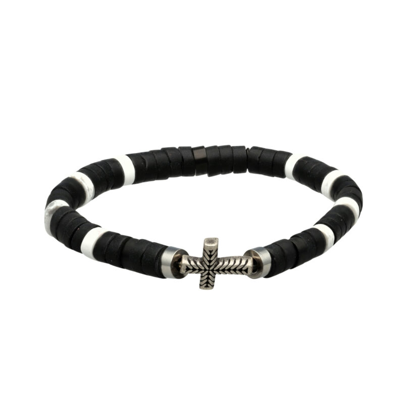 Bracelet perles heishi pierres naturelles agate noire et turquoise blanche croix acier antique
