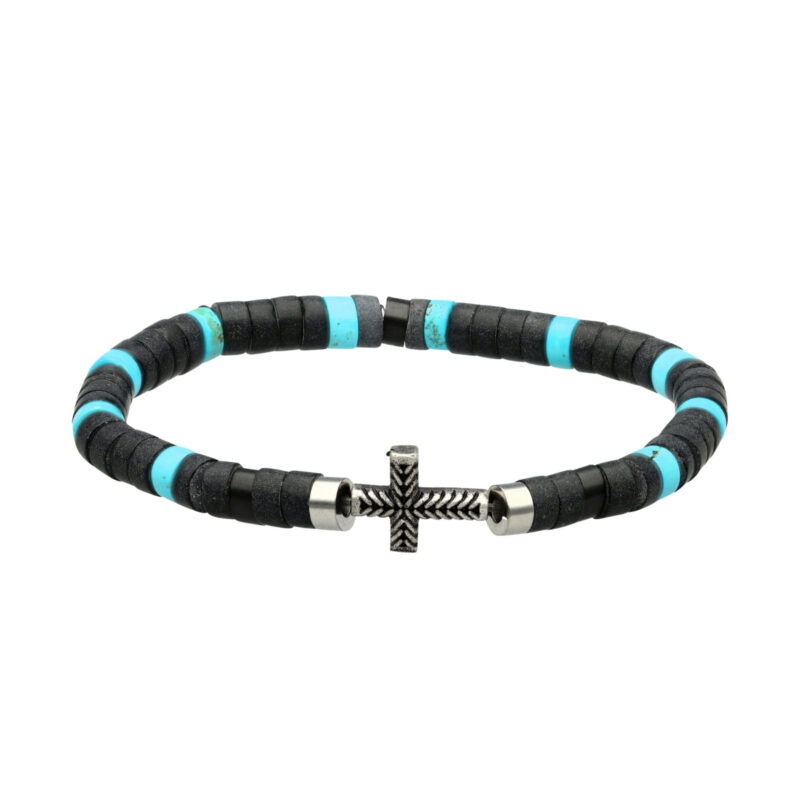 Bracelet perles heishi pierres naturelles agate noire et turquoise croix acier antique