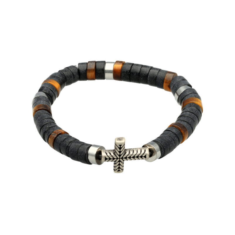 Bracelet perles heishi pierres naturelles agate noire tigre croix acier antique