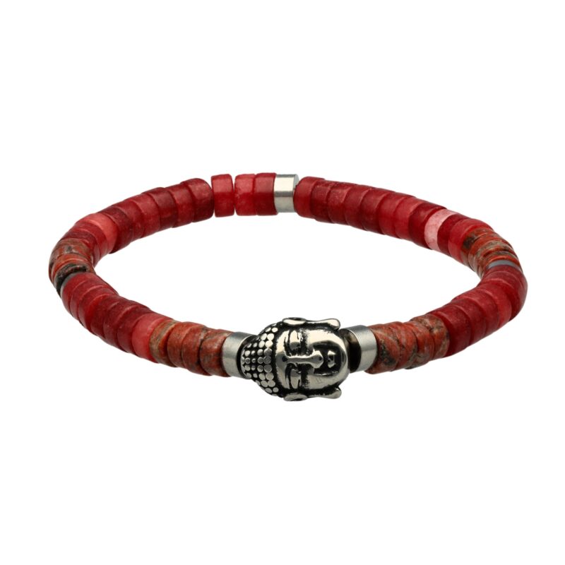 Bracelet perles heishi pierres naturelles agate rouge jaspe sésame bouddha acier