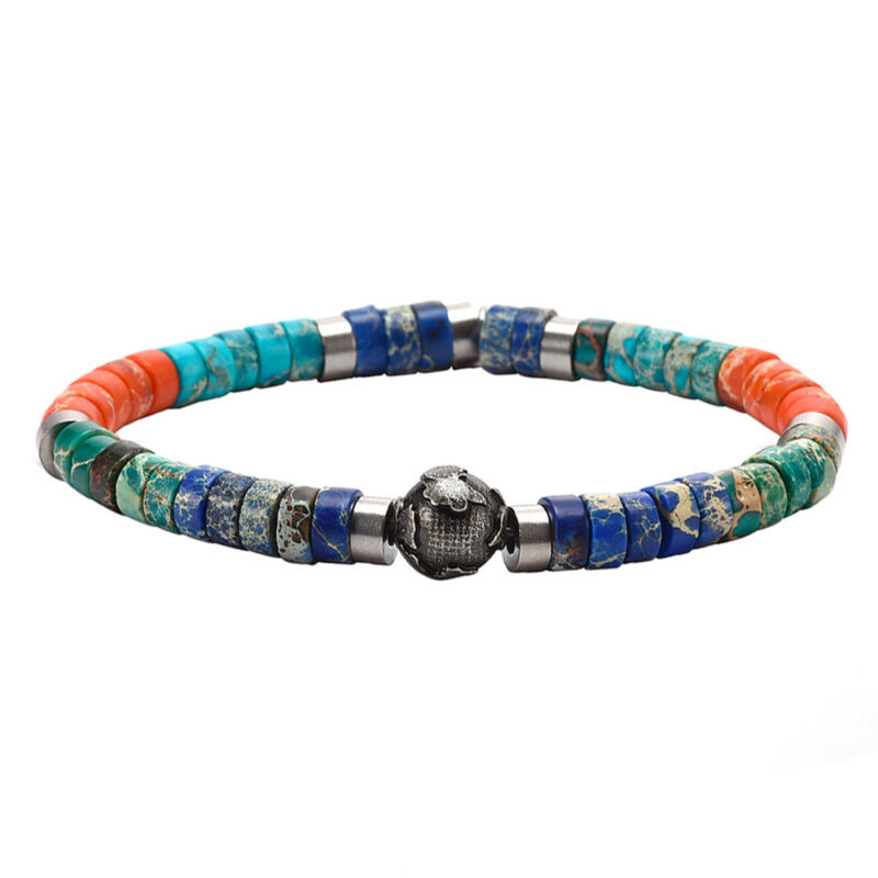 Bracelet perles heishi pierres naturelles jaspe impérial bleu ciel, orange, vert et bleu planète acier