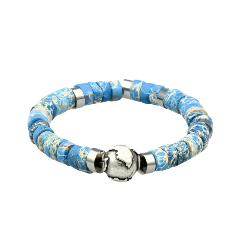 Bracelet perles heishi pierres naturelles jaspe impérial bleu planète acier