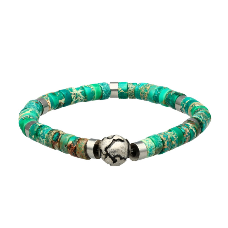 Bracelet perles heishi pierres naturelles jaspe impérial vert planète acier