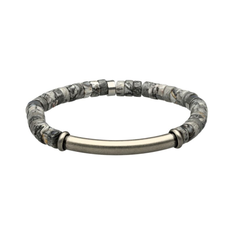 Bracelet perles heishi pierres naturelles jaspe gris moucheté barre acier