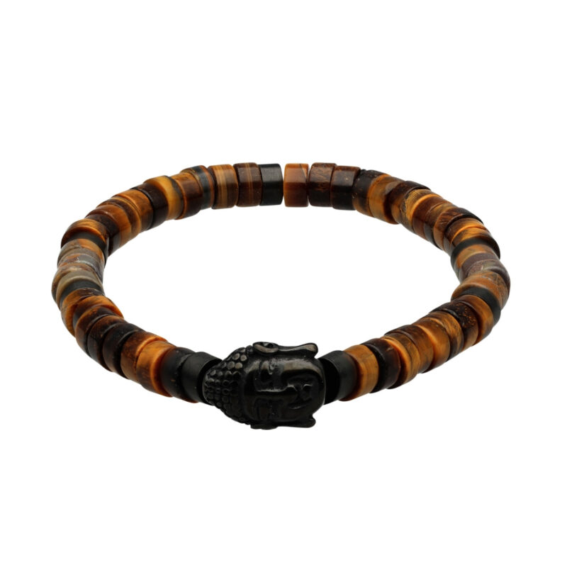 Bracelet perles heishi pierres naturelles œil de tigre bouddha acier noir