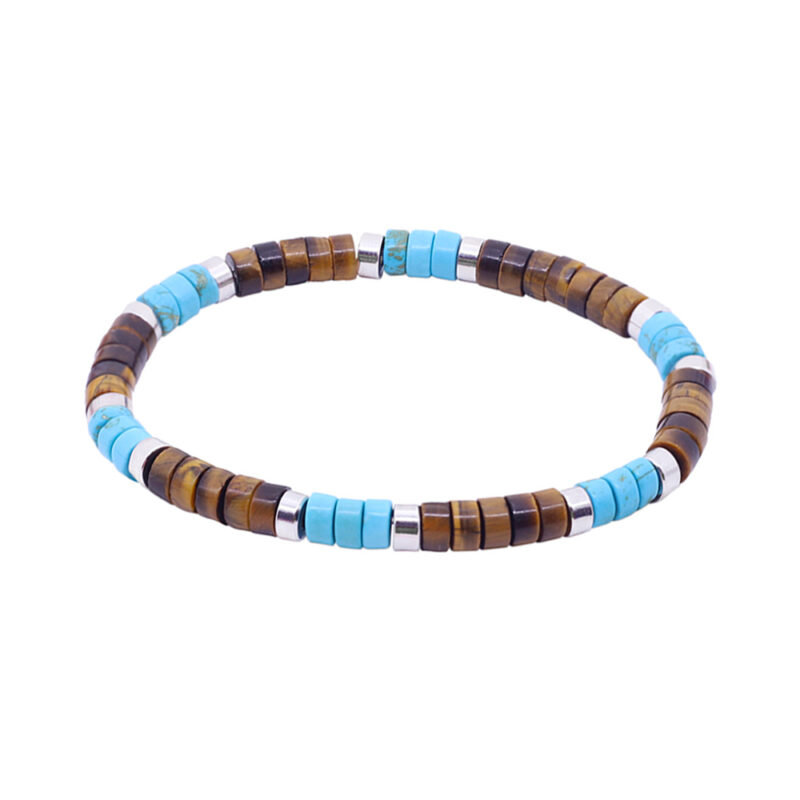 Bracelet perles heishi pierres naturelles œil de tigre et turquoise