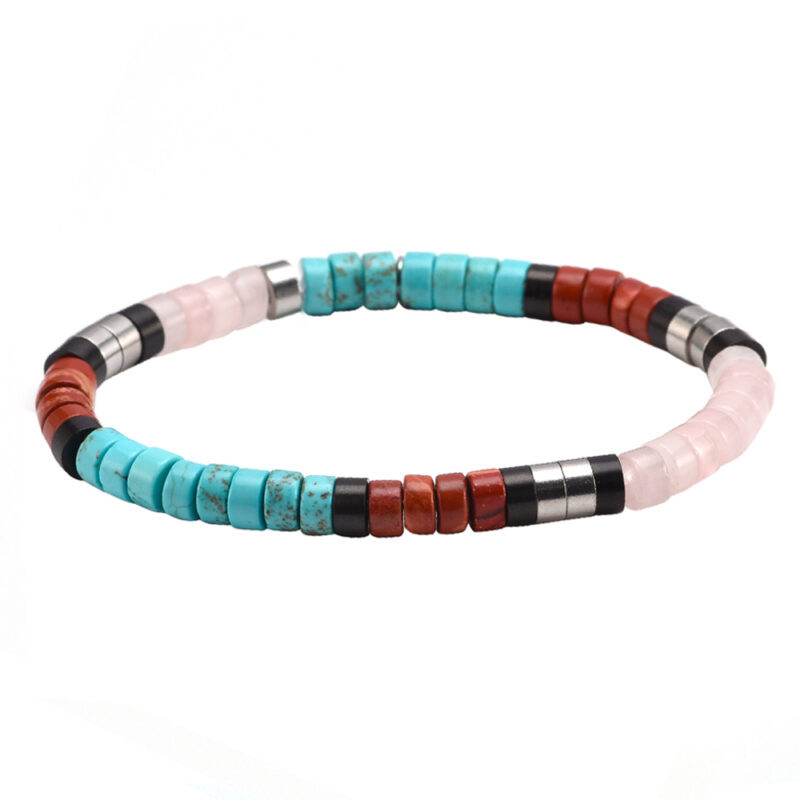 Bracelet perles heishi turquoise jaspe rouge et noir quartz rose