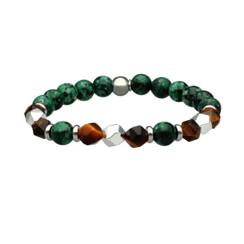 Bracelet perles rondes pierres naturelles hématite sésame vert et oeil de tigre
