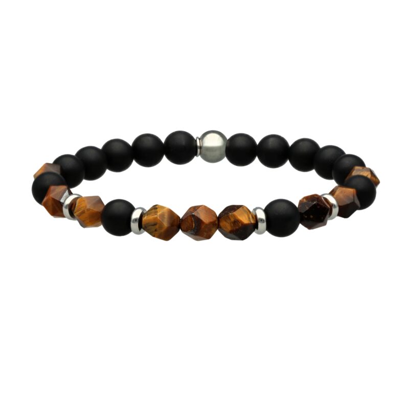 Bracelet perles rondes pierres naturelles agate noir et oeil de tigre