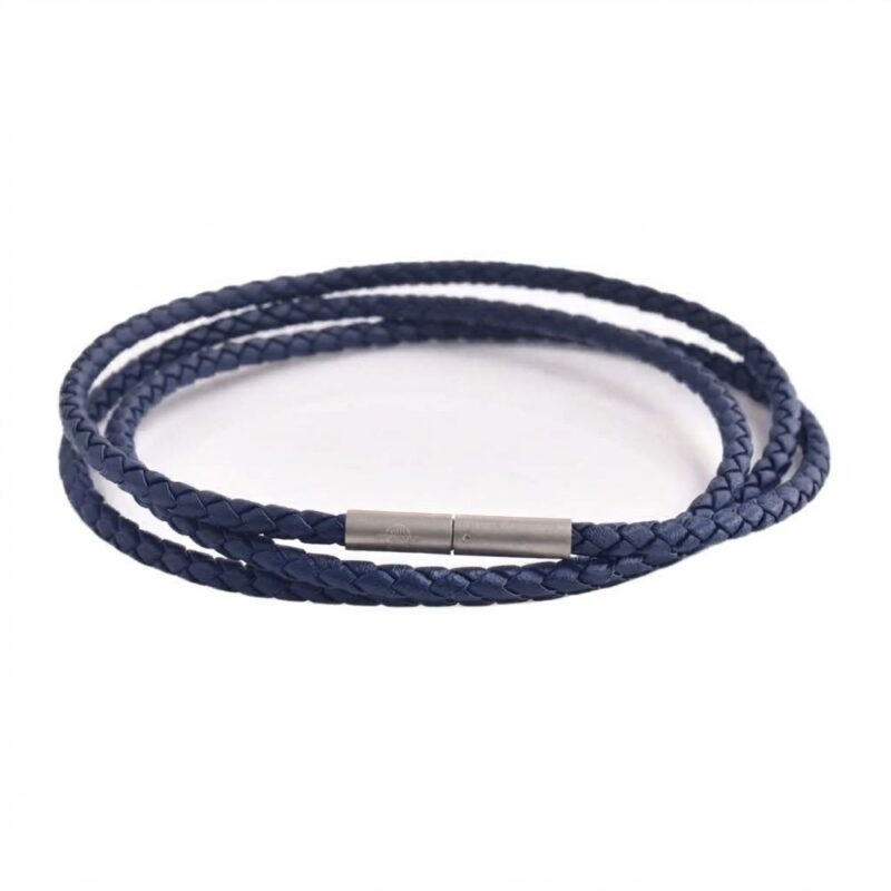 Bracelet triple tour corde cuir tressé bleu marine