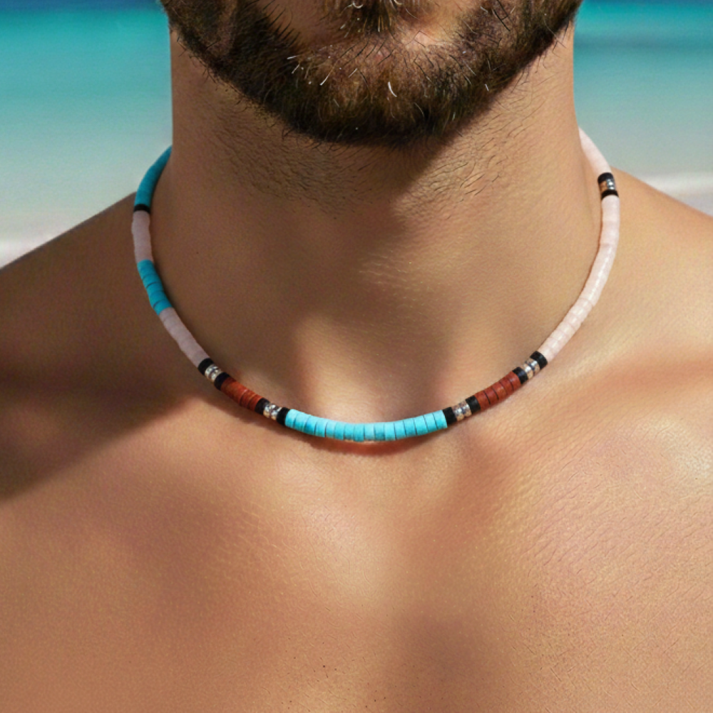 Alternative view of Collier perles heishi agate jaspe turquoise & quartz