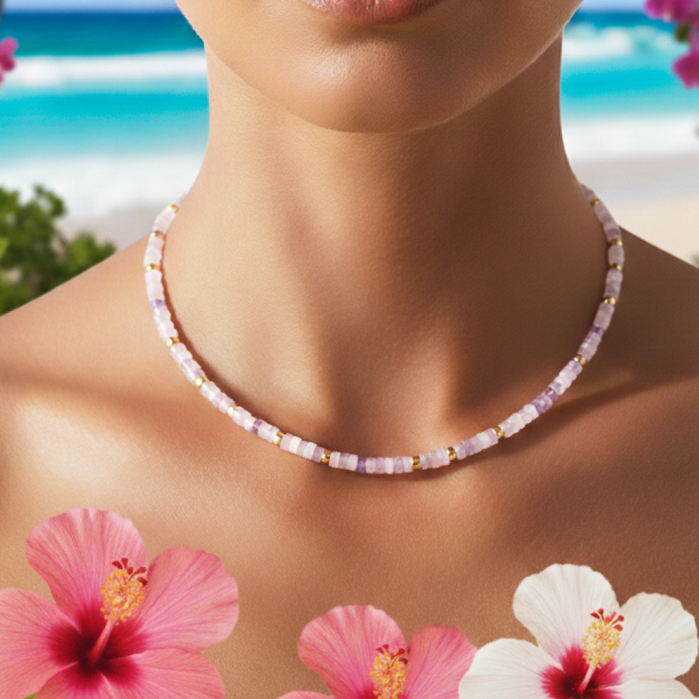 Alternative view of Collier perles heishi pierres naturelles quartz rose améthyste