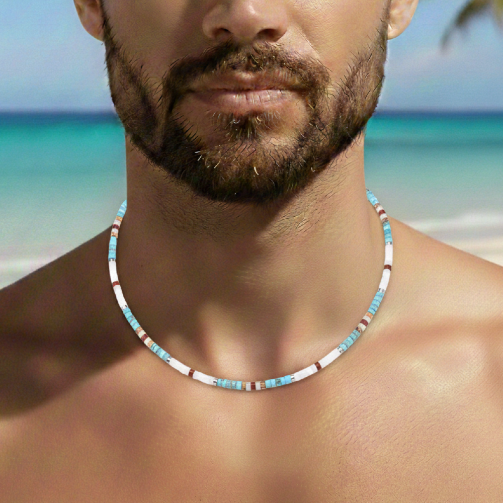 Alternative view of Collier perles heishi turquoise jaspe rouge paysage et blanc