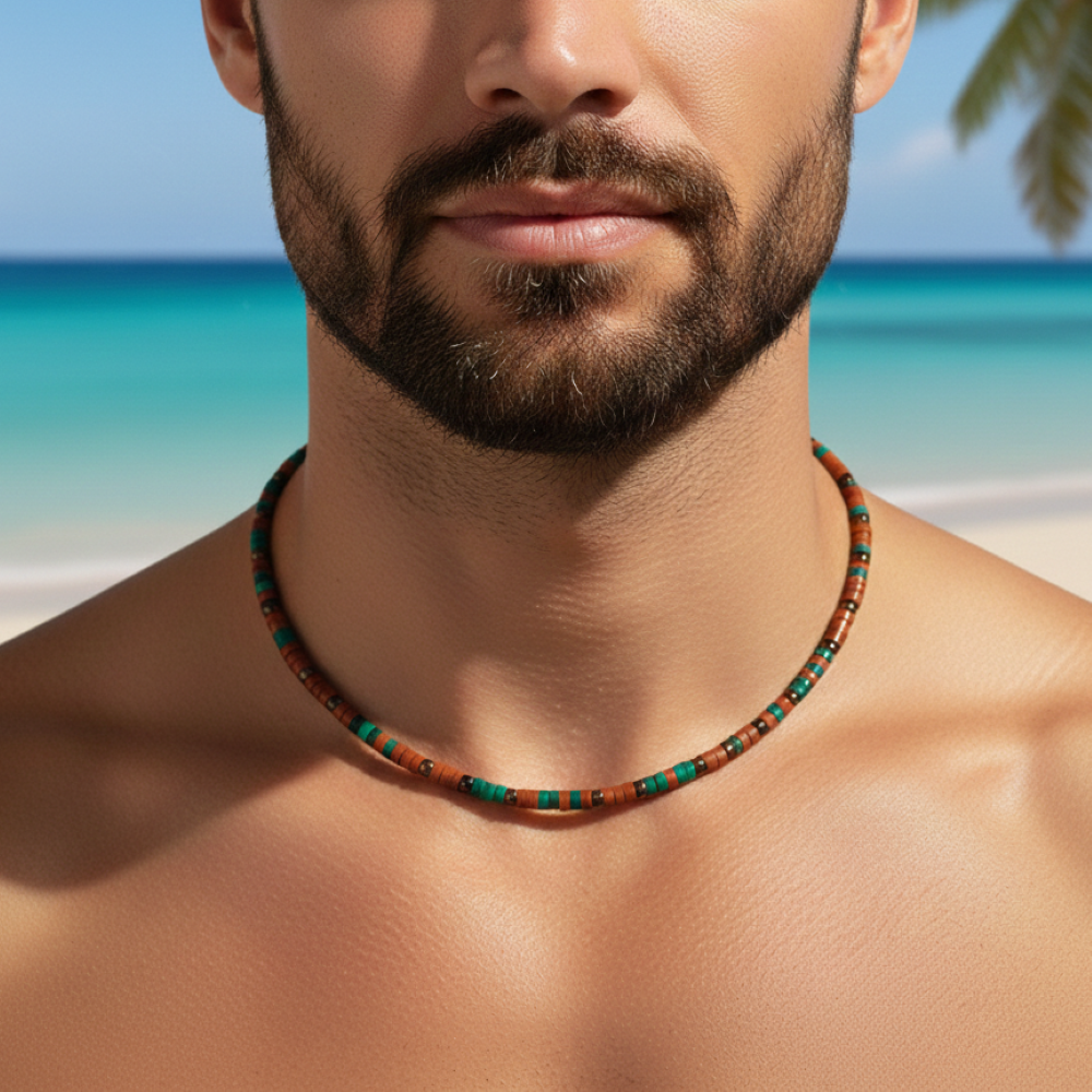 Alternative view of Collier 4mm perles heishi jaspe rouge turquoise africaine