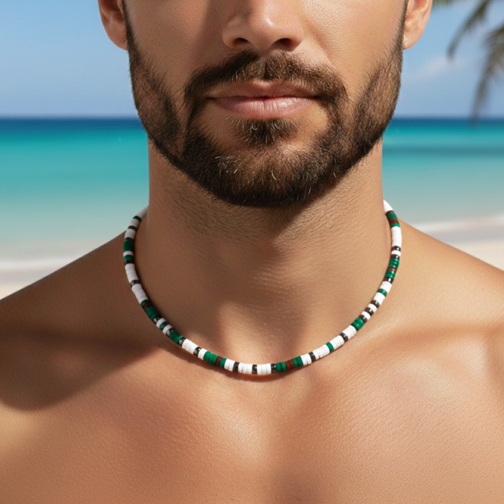 Alternative view of Collier perles heishi pierres naturelles agate rouge quartz blanc malachite