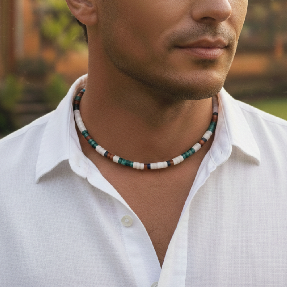 Alternative view of Collier perles heishi pierres naturelles agate rouge quartz blanc malachite