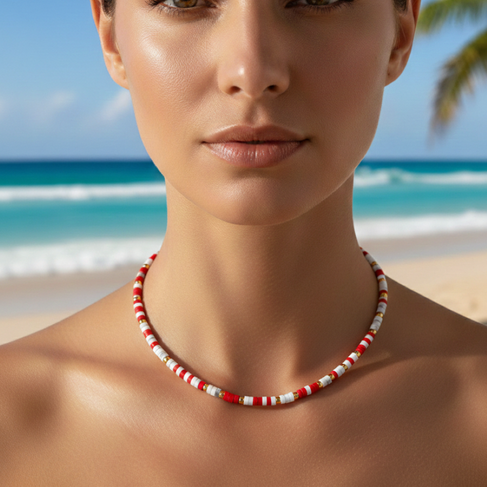 Alternative view of Collier 4mm perles heishi jaspe rouge quartz blanc