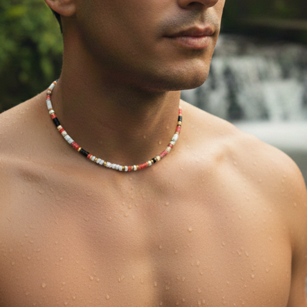 Alternative view of Collier perles heishi pierres naturelles turquoise blanche agate rouge onyx noir