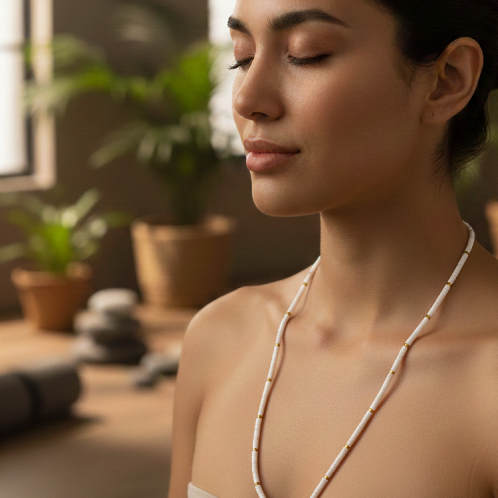 Sautoir chakra perles heishi Quartz blanc