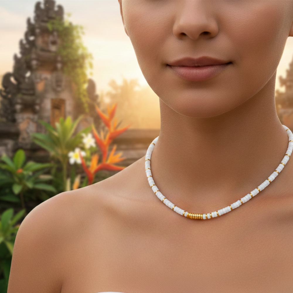 Alternative view of Collier perles heishi quartz blanc gili