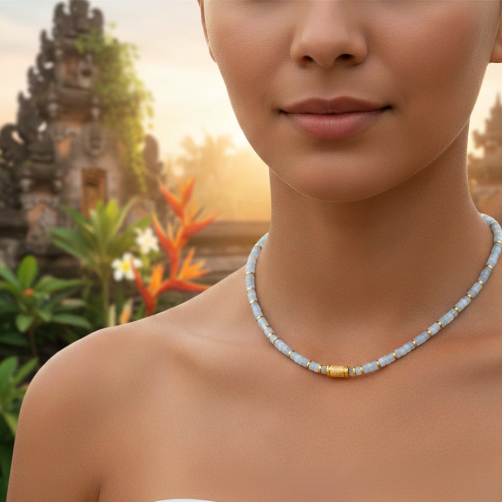 Alternative view of Collier perles heishi quartz bleu bali