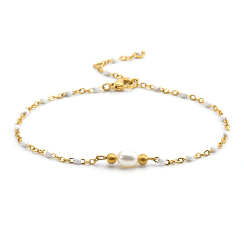 Chaîne de cheville dorée perles blanches