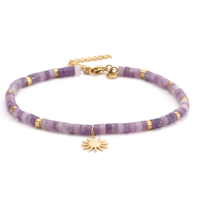 Chaîne de cheville dorée perles heishi améthyste soleil