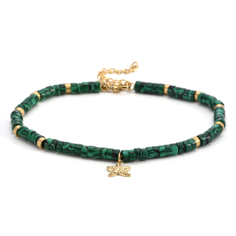 Chaîne de cheville dorée perles heishi malachite étoile de mer