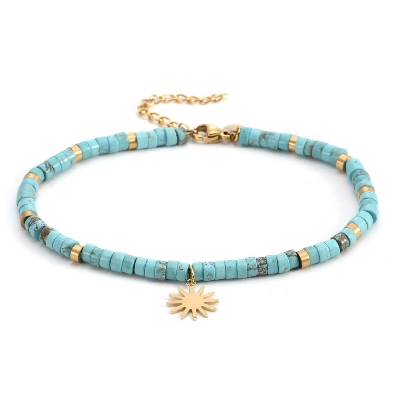 Chaîne de cheville dorée perles heishi turquoise soleil