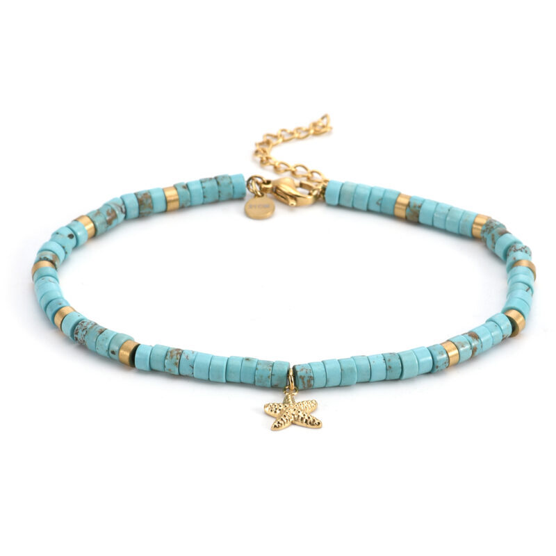 Chaîne de cheville dorée perles heishi turquoises étoile de mer