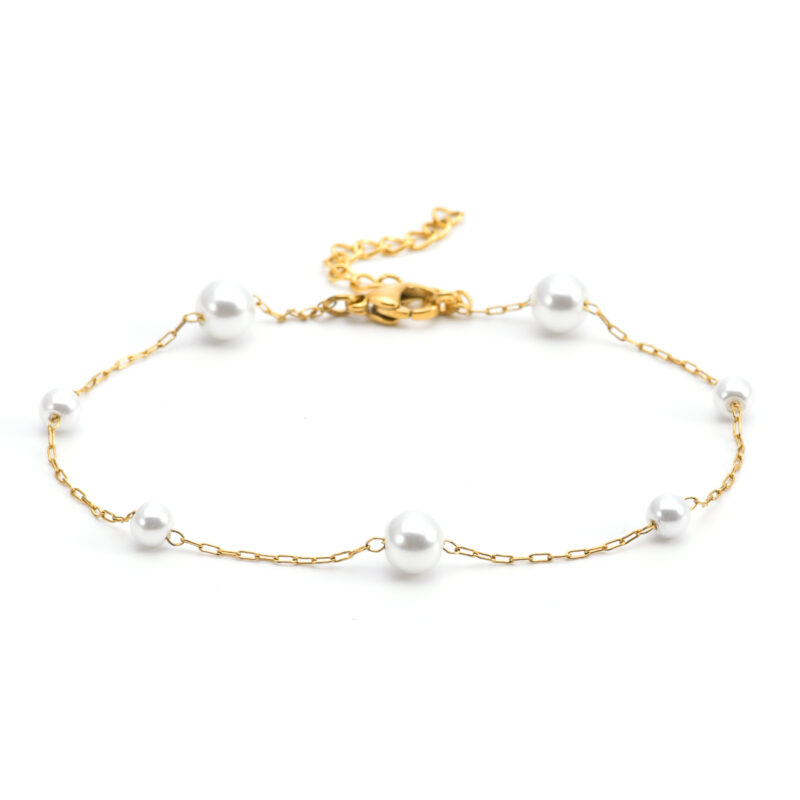 Chaîne de cheville dorée perles blanches