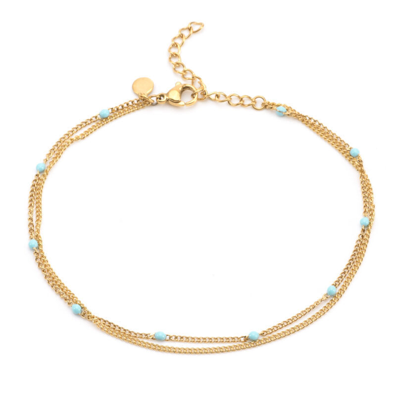 Chaîne de cheville double chaine doré et turquoise