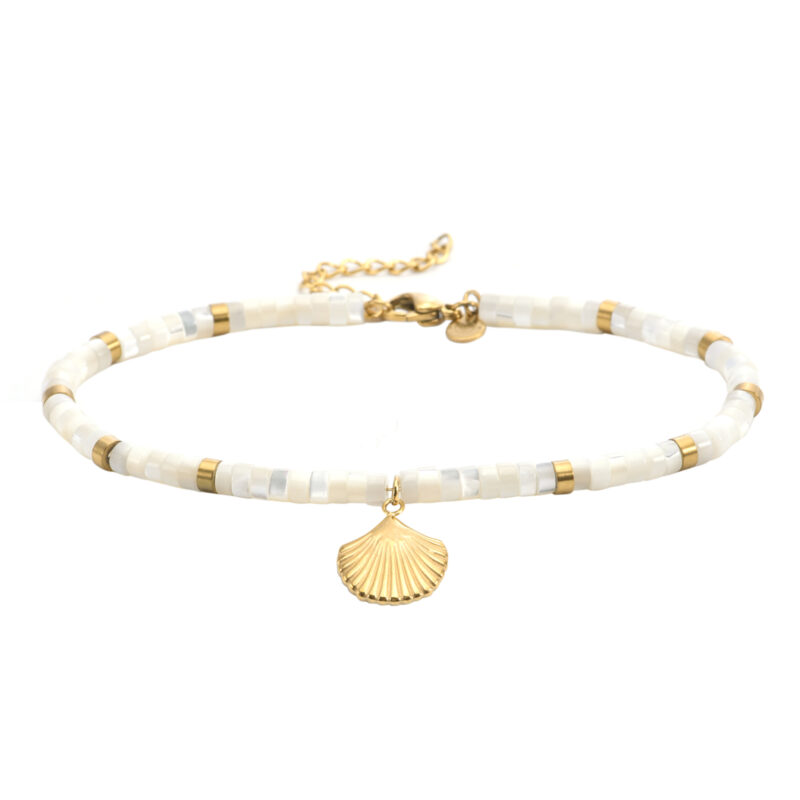 Chaîne de cheville perle heishi coquillage blanc