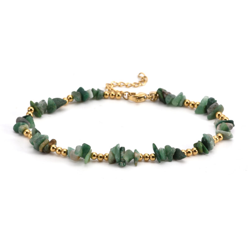 Chaîne de cheville perles de pierre naturelle chips onyx vert perles dorées