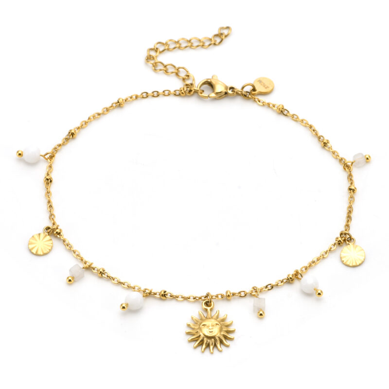 Chaîne de cheville perles dorée et blanc soleil
