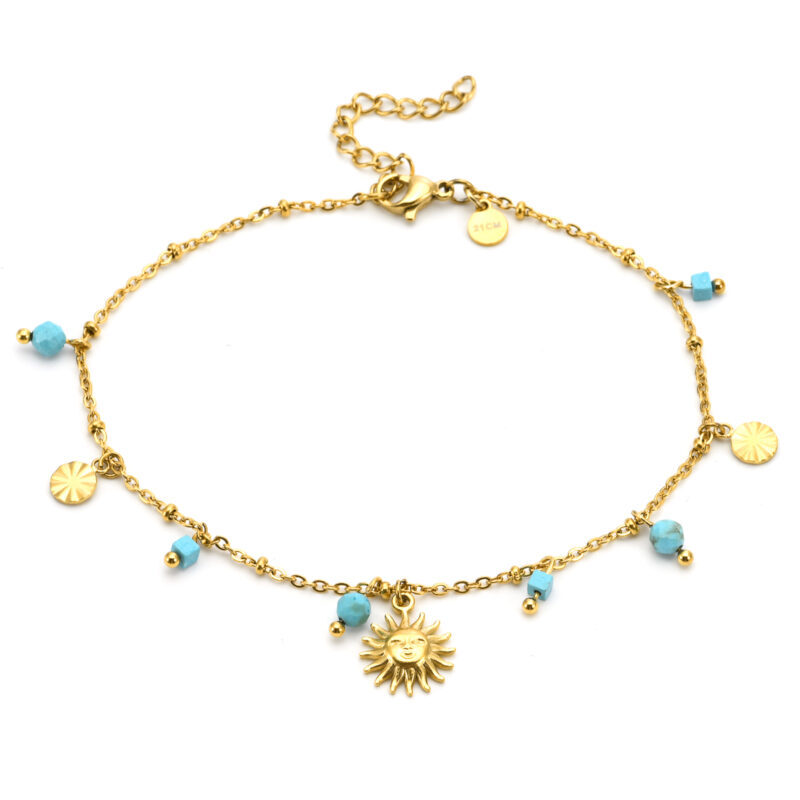 Chaîne de cheville perles dorée et turquoise soleil