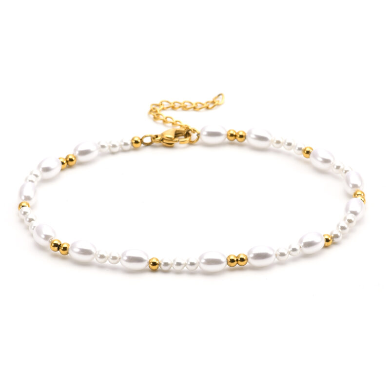 Chaîne de cheville perles dorées et petites perles blanches