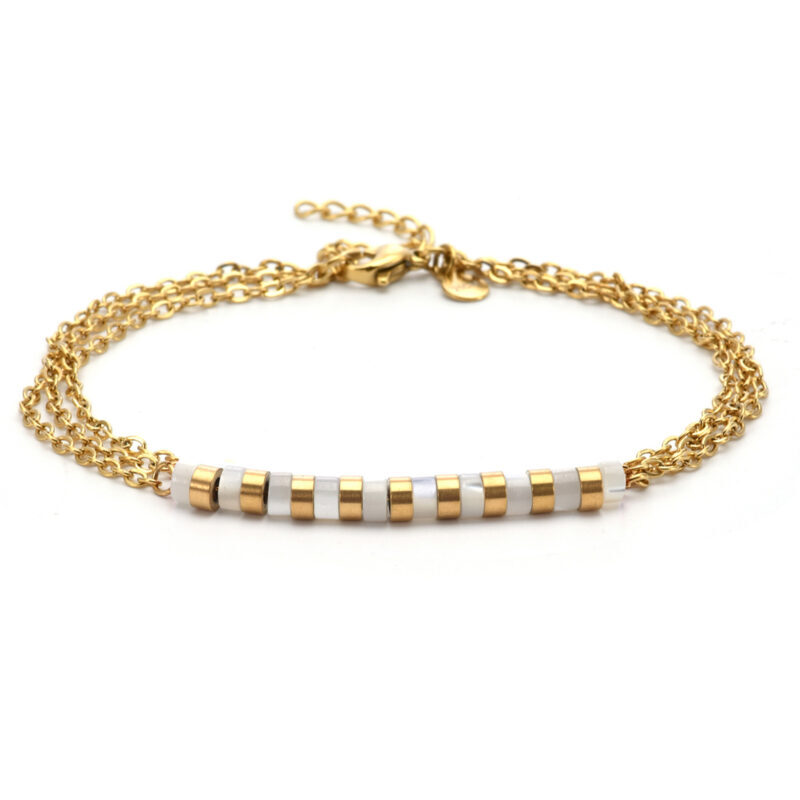 Chaîne de cheville triple chaine doré et pierre heishi blanche
