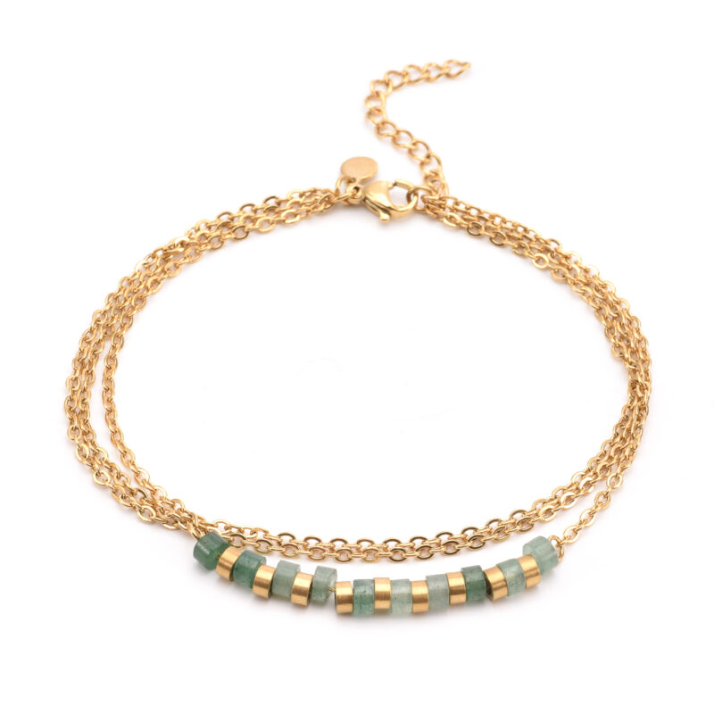 Chaîne de cheville triple chaine doré et pierre heishi onyx vert