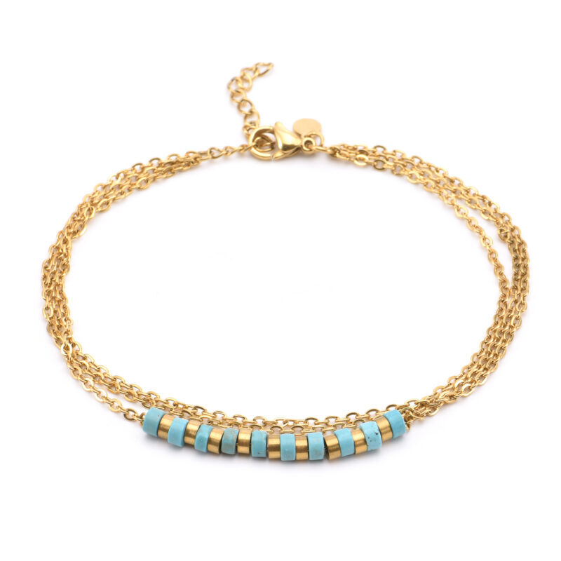 Chaîne de cheville triple chaine doré et pierre heishi turquoise