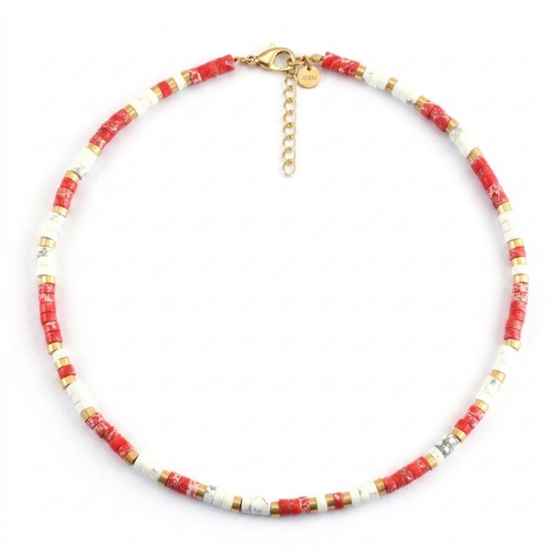 Collier 4mm perles heishi jaspe rouge quartz blanc