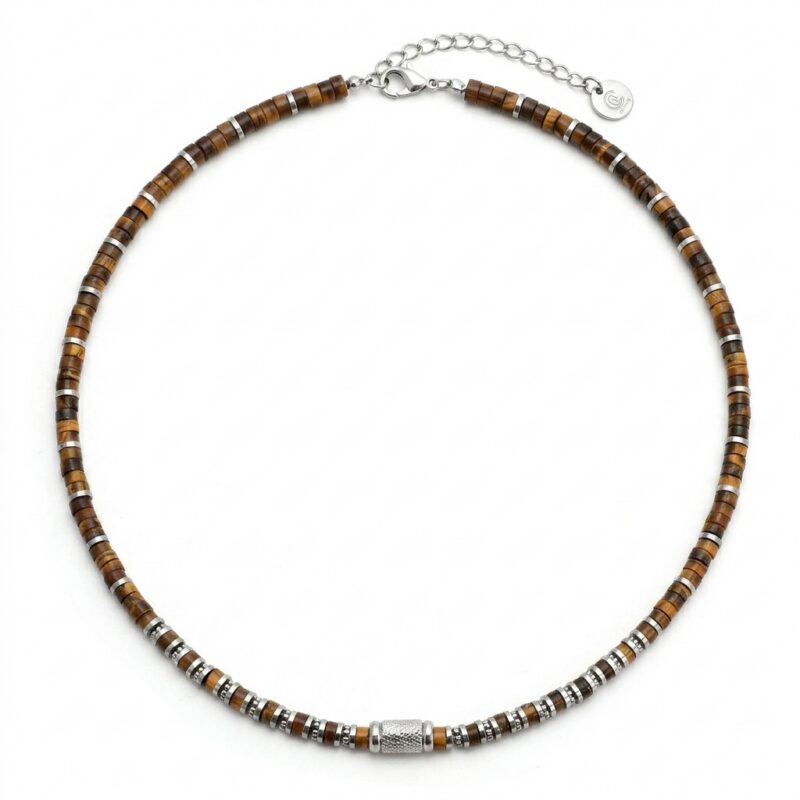Collier 4mm perles heishi œil de tigre bali