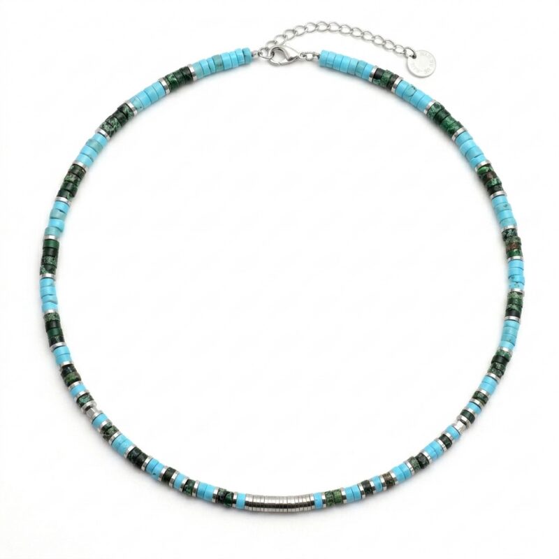 Collier 4mm perles heishi turquoise bleu et vert gili