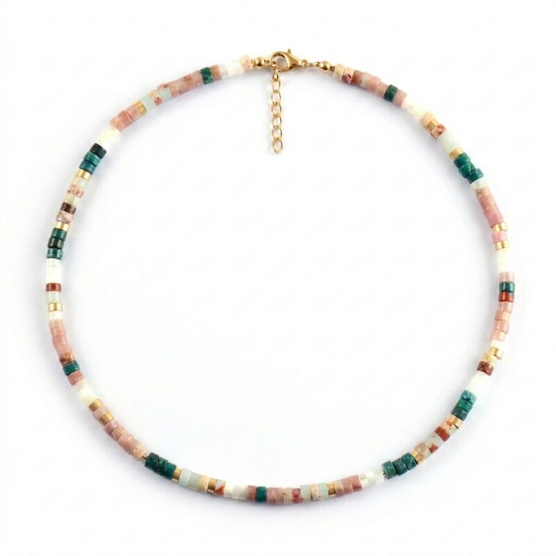 Collier 4mm perles heishi turquoise verte quartz blanc